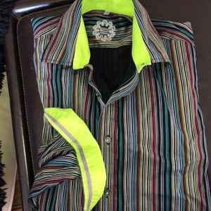 Tailored Striped Dress Shirt with Neon Accents SzM